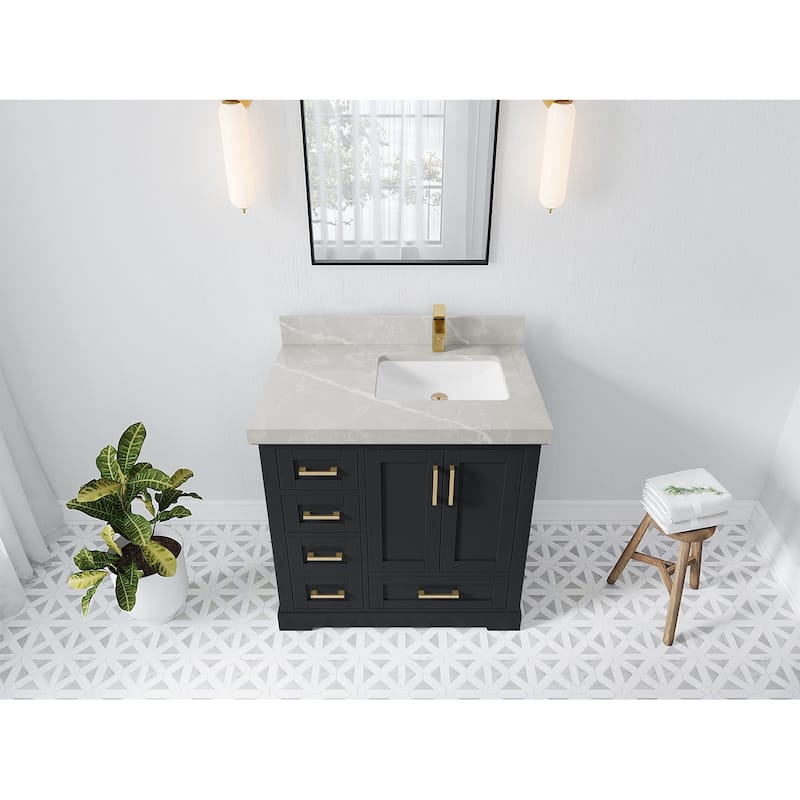 Willow Collections 36 x 22 Boston Right Offset Sink Bathroom Vanity with Quartz or Marble Countertop