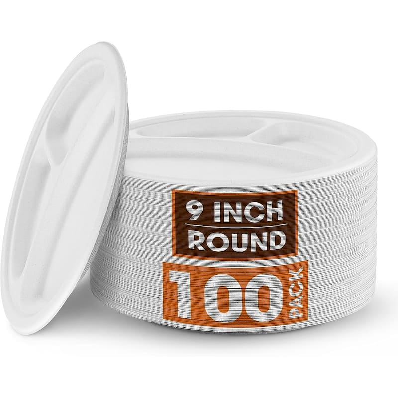 Cheer Collection 3 Section Paper Plates - 100 Pieces Per Pack - 9" - White
