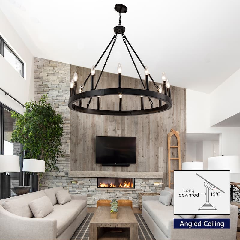 12-Light Wagon Wheel Chandelier, Vintage Ceiling Hanging Pendant Light Fixture