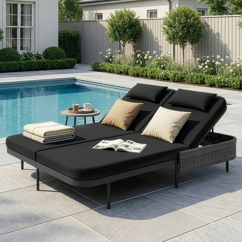 2-Person Outdoor Double Chaise Lounge, Wicker Patio Reclining Daybed with 6-Position Backrests, 4" Cushions, 800 lb Capacity