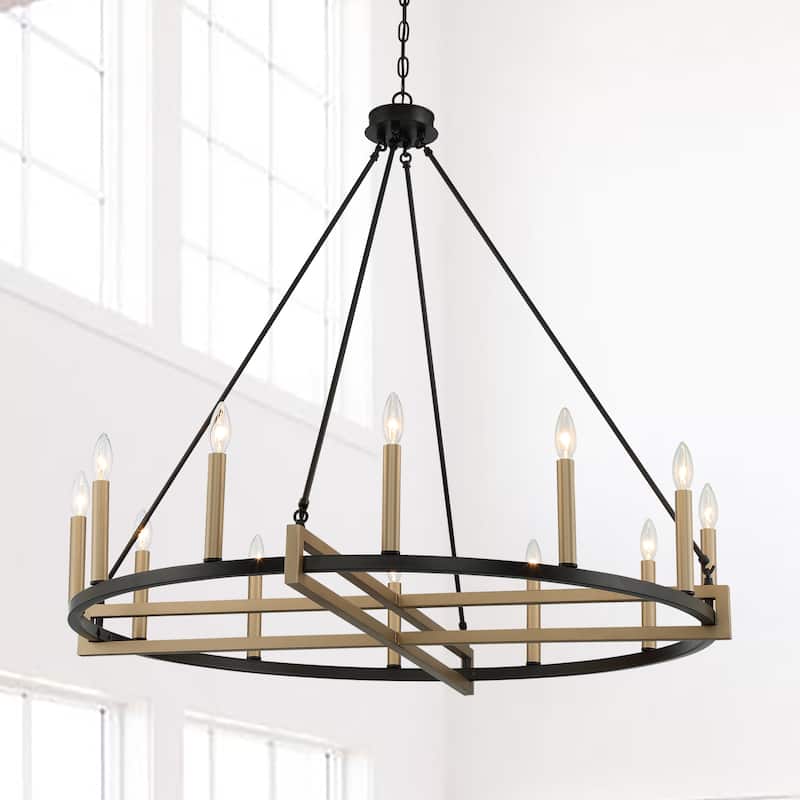 Acroma 12 Light 41In Modern Farmhouse Wagon Wheel Chandelier-UL Certified - Muted Brass & Matte Black
