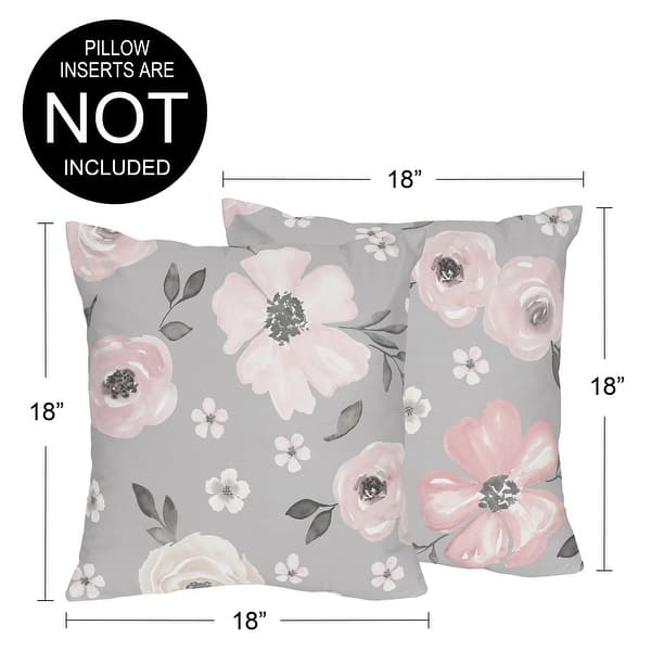 Sweet Jojo Designs Grey Watercolor Floral Girl 18in. Decorative Accent Throw Pillow Covers (Set of 2) Pink Shabby Chic Farmhouse