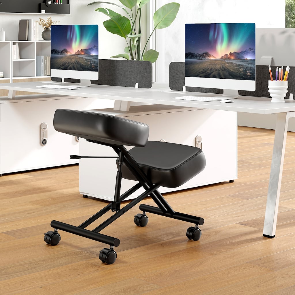 Black Ergonomic Kneeling Chair with Height Adjustable Seat and Padded Cushions for Office Desk Posture - 28.5 x 18 x 21"