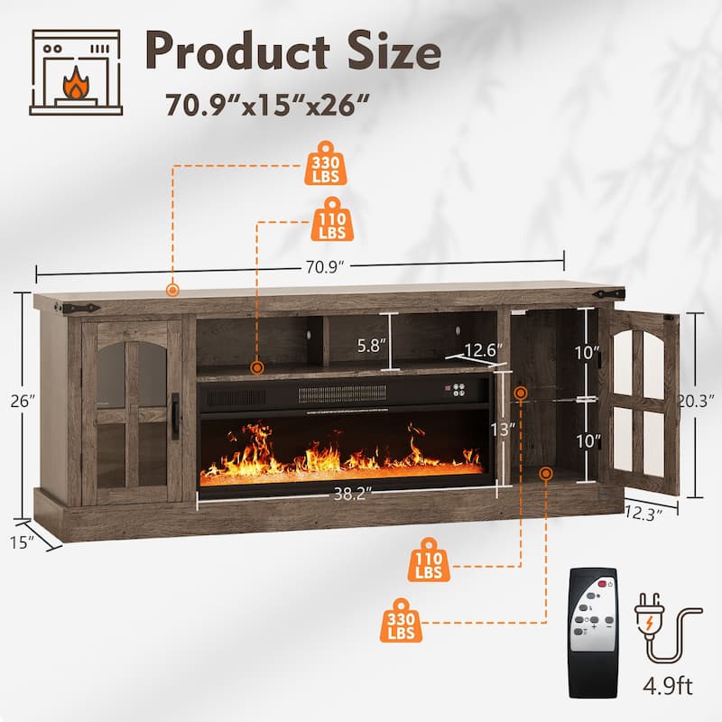 Gymojoy Fireplace 71" TV Stand with 36" Electric Fireplace, Media Console for Up to 80" TVs, LED Lights Entertainment Center.