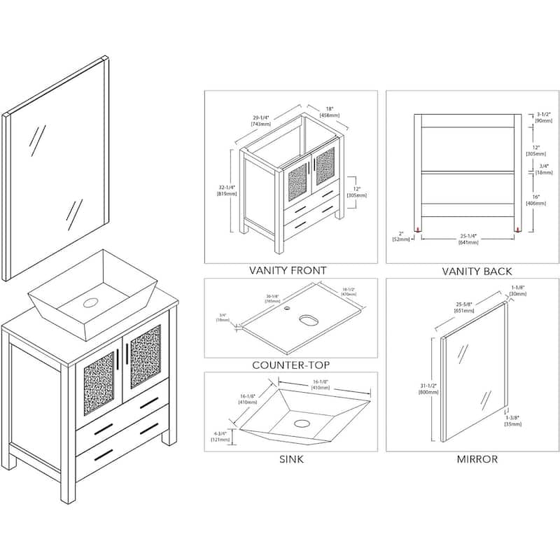 Blossom Sydney 30" Bathroom Vanity with Ceramic Vessel Sink and Mirror