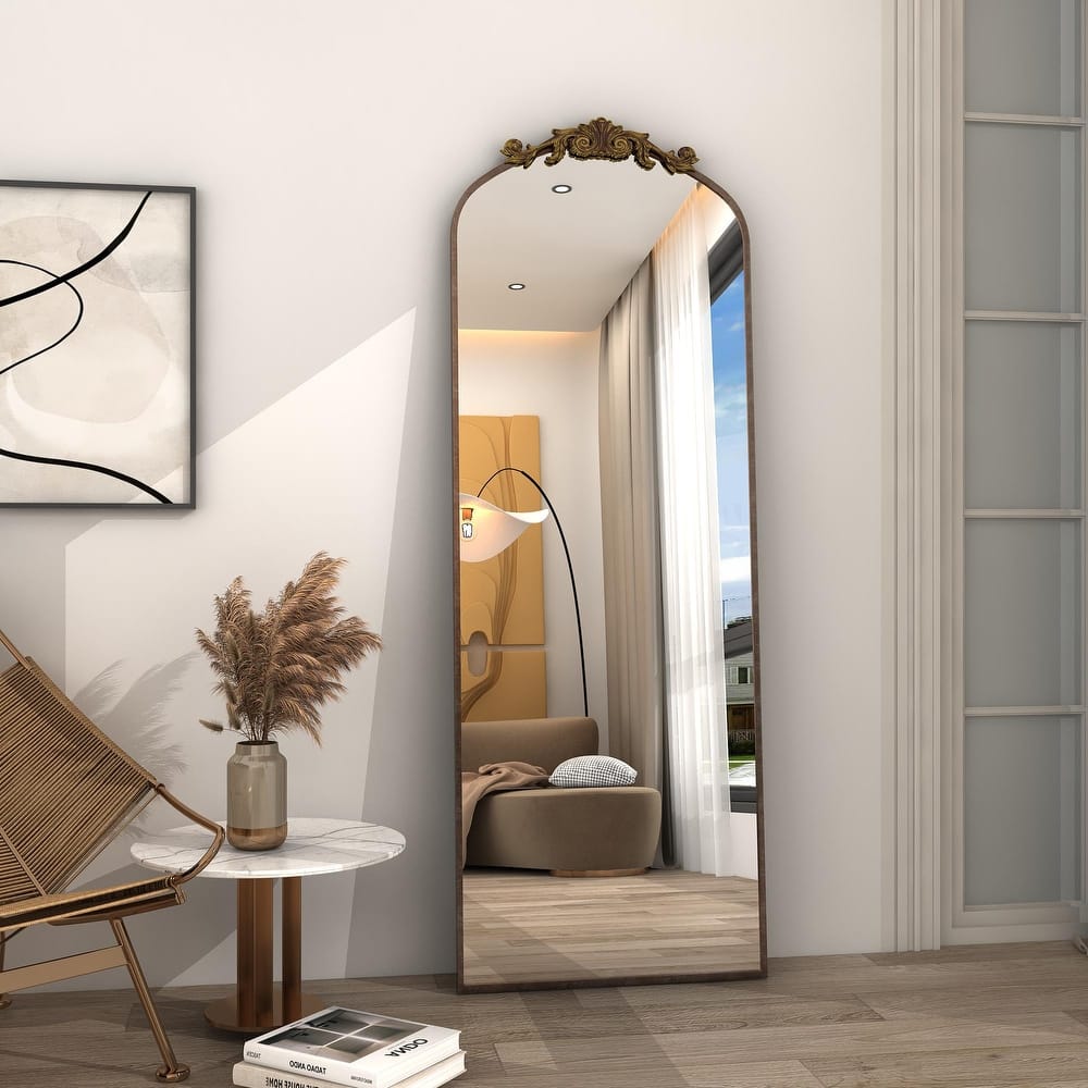 Arched Vintage Wall Mirror and Metal Frame Baroque Style Bathroom Vanity Mirror