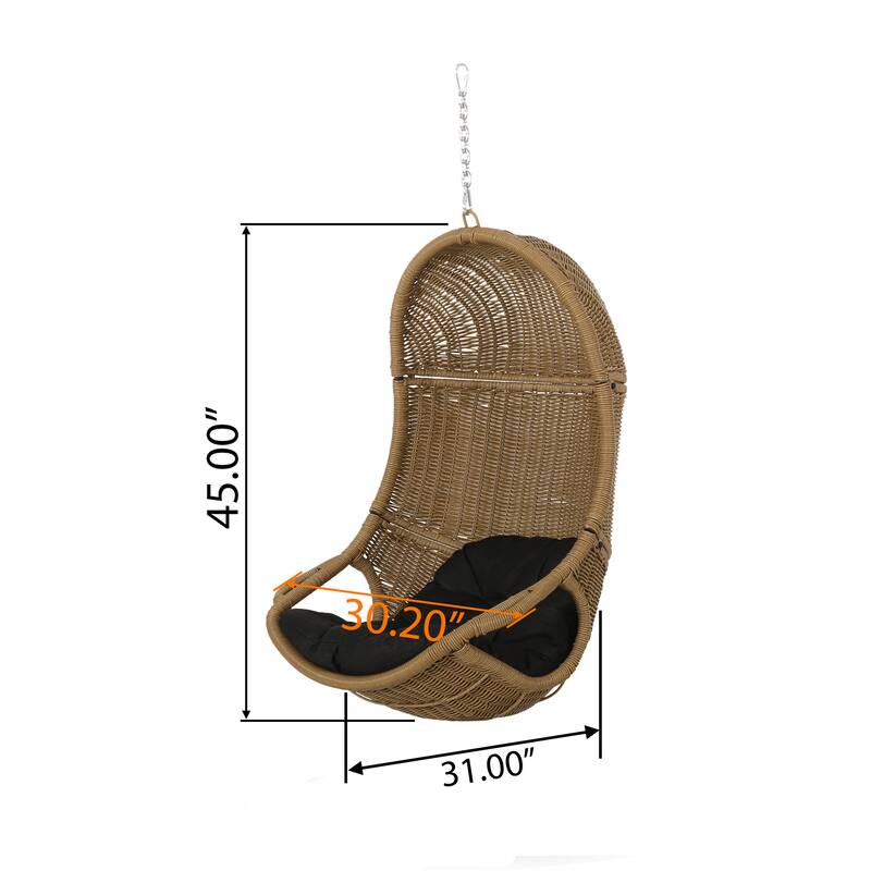 Roomfitters Hanging Wicker Egg Chair, Teardrop Rattan Swing Seat with Plush Dark Grey Cushion and Steel Chain for Patio, Natural