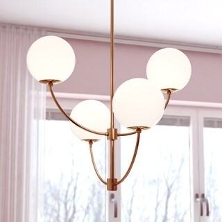 Avers 4 Light LED Compatible Gold Brass Mid-Century Modern Chandelier White Globe Glass - 26-in W x 27.25-in H x 26-in D