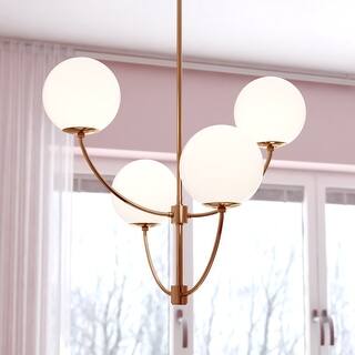 Avers 4 Light LED Compatible Gold Brass Mid-Century Modern Chandelier White Globe Glass - 26-in W x 27.25-in H x 26-in D