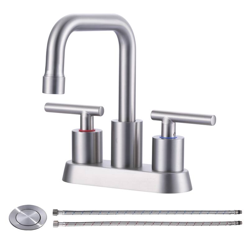 WOWOW 4 in. Centerset Double Handle Bathroom Faucet with Drain Kit - Brushed Nickel