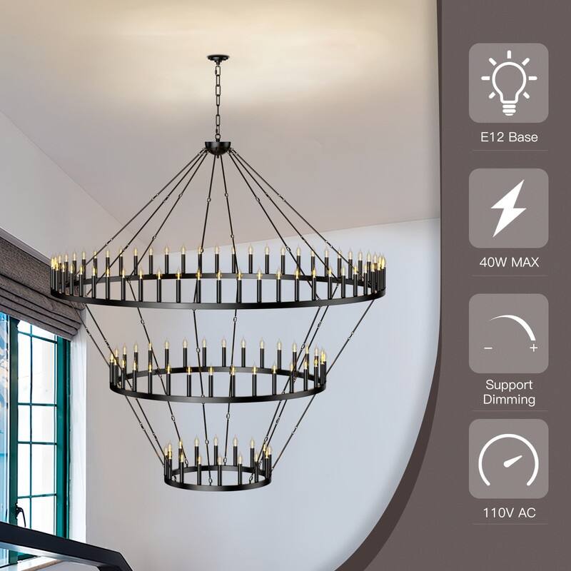 Extra Large Black Wagon Wheel Chandelier - Adjustable Farmhouse Lighting for High Ceilings