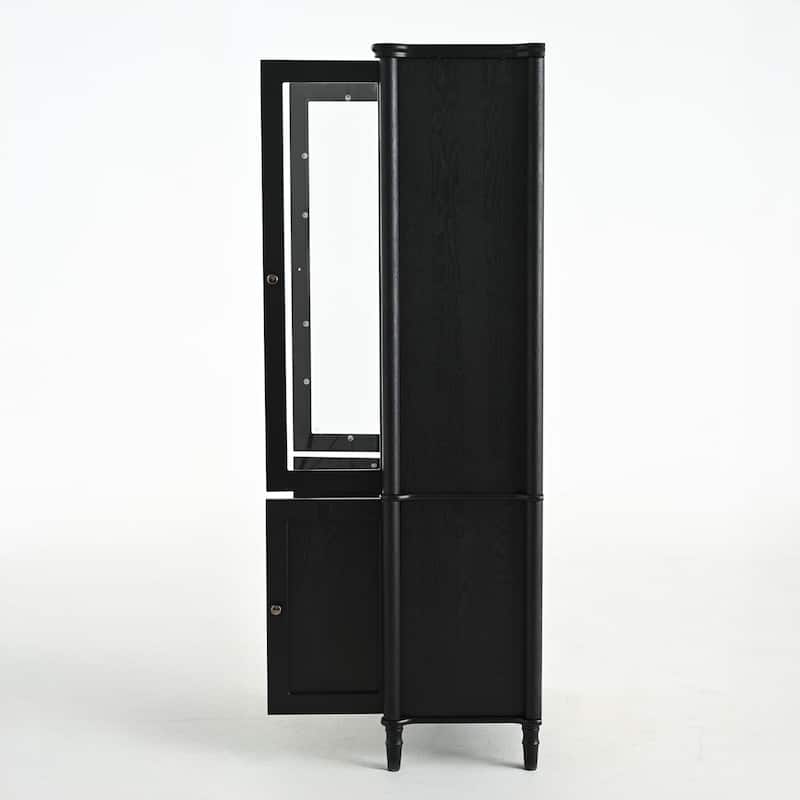 Roomfitters 73.25'' Vintage Display Cabinet with Glass Doors, Mid-Century Pantry Cabinet with Storage, Black & Natural