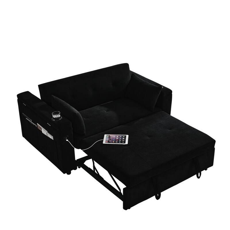 Chenille Pull-Out Sleeper Loveseat Bed Adjustable Backrest Tufted Futon Sofa with 2 Pillow and USB Ports, Pockets