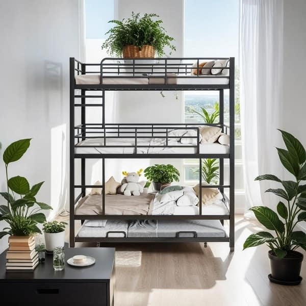 slide 2 of 24, Metal Twin Size Triple Bunk Bed With Trundle, Space-saving, Black Black