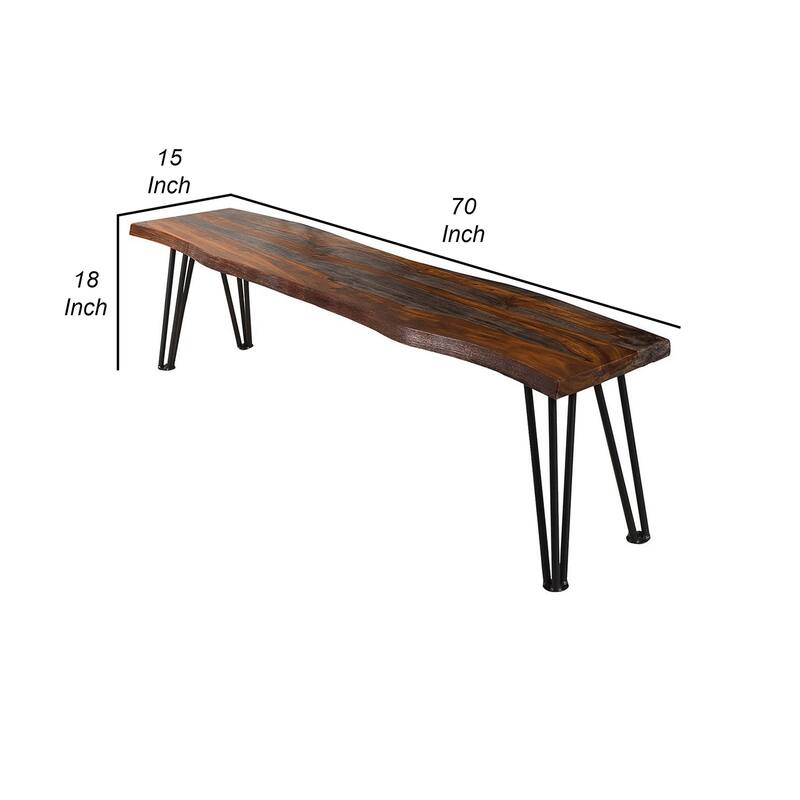 Moka 70 Inch Dining Bench, Live Edge Gray Sheesham Wood, Metal Hairpin Legs