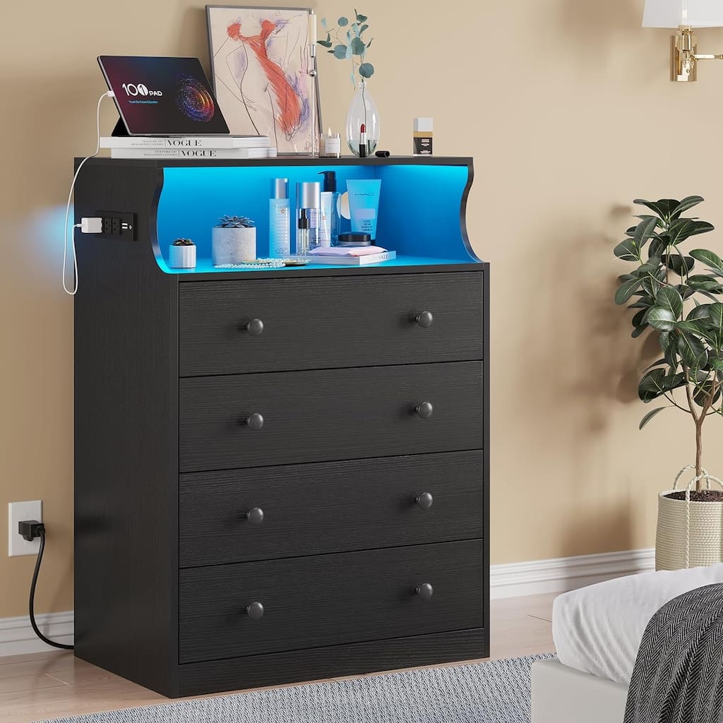 Dresser Charging Station 4 Drawers LED Dresser for Bedroom