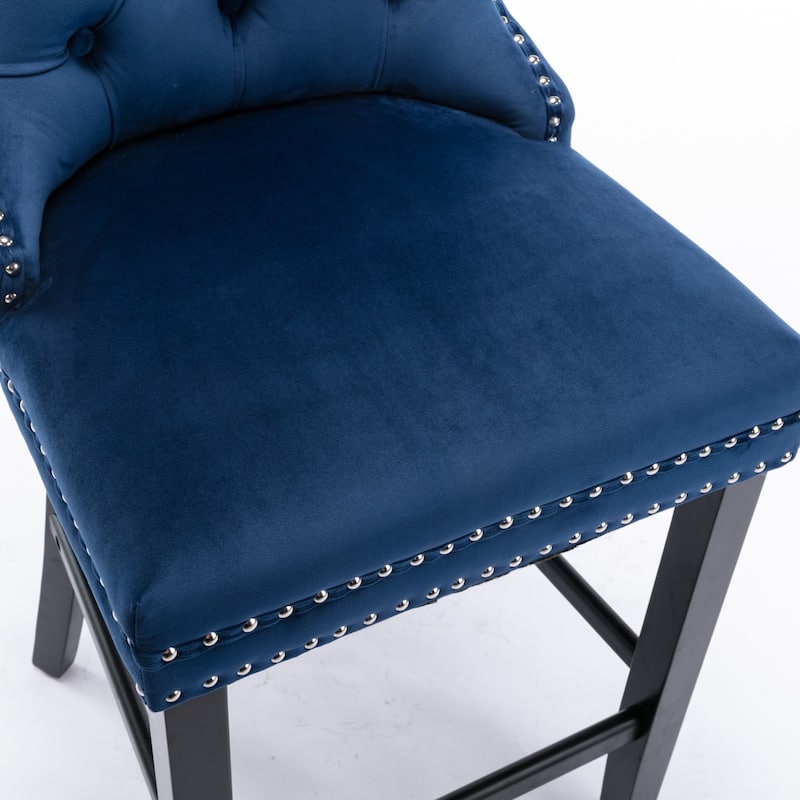 Velvet Bar Chairs Set of 2, Counter Height Bar Stools with Button Decor and Nailhead Trim, Dining Room Chairs with Back