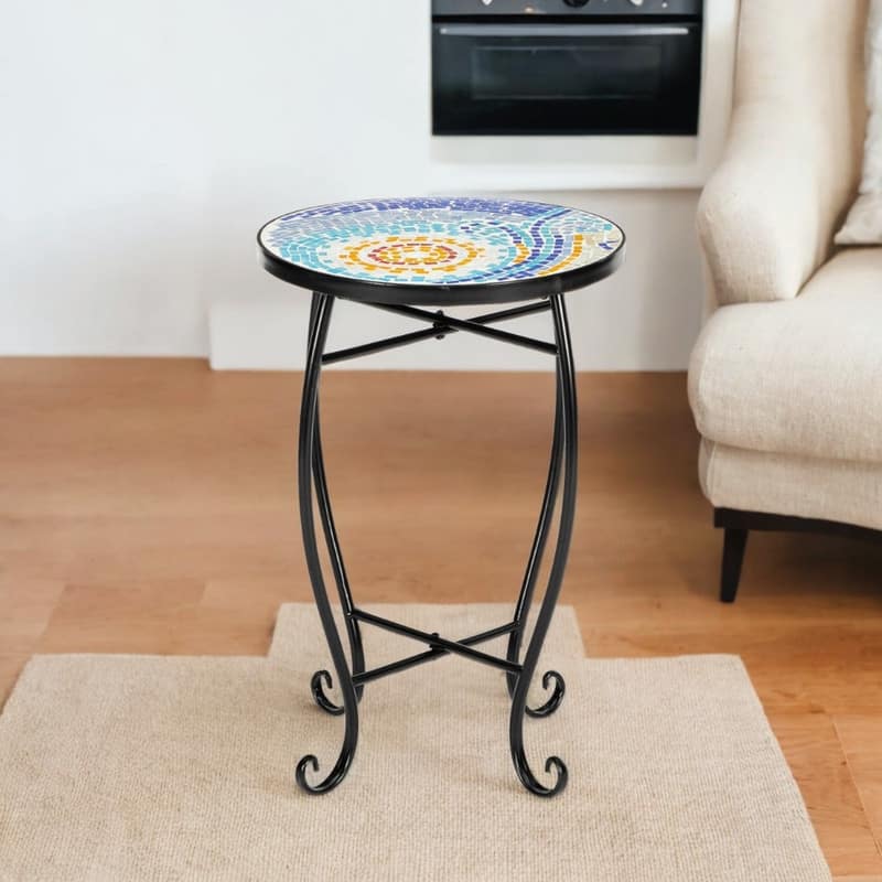 Blue Hawaiian Style Glass Round Terrace Bistro Table Side Table