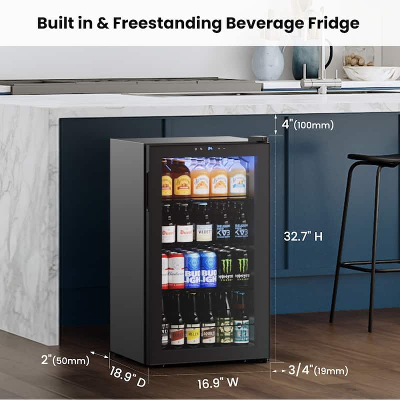 Yeego 3.4 Cu.Ft Beverage Refrigerator, Glass Door Cooler with LED Display, Quiet Compressor, 102-Can Capacity