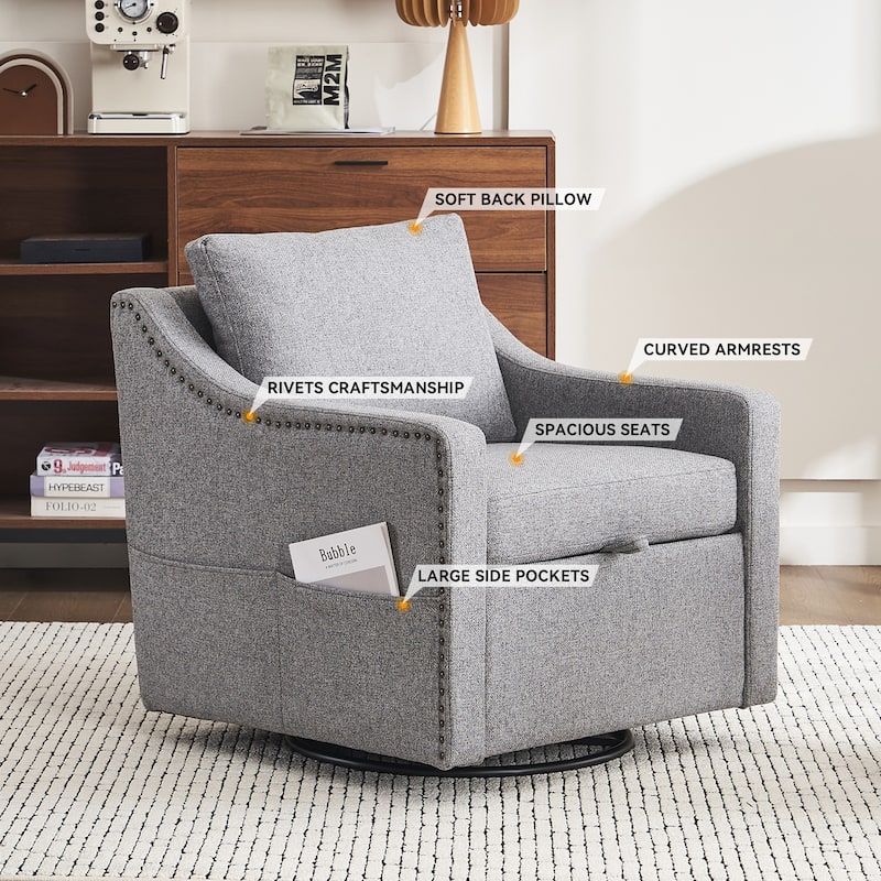 Linen Upholstered Swivel Accent Chair, Ergonomic Single Sofa Chair, Lounge Reading Chair with Nailhead Decor & Metal Base