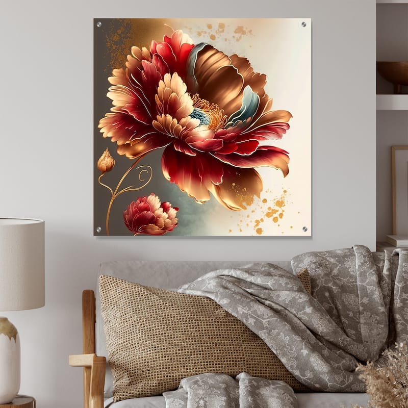Designart "Bold Red Floral Design I" Floral Gloss Wall Decor Red - Traditional Acrylic Wall Art For Hallway Decor