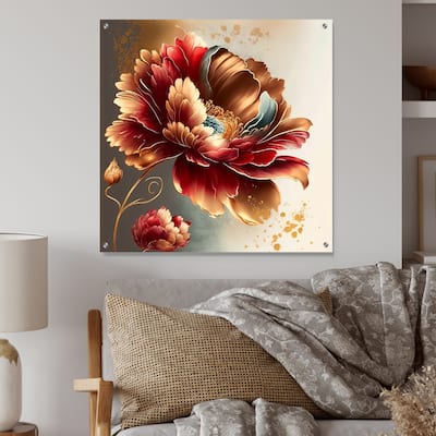 Designart "Bold Red Floral Design I" Floral Gloss Wall Decor Red - Traditional Acrylic Wall Art For Hallway Decor