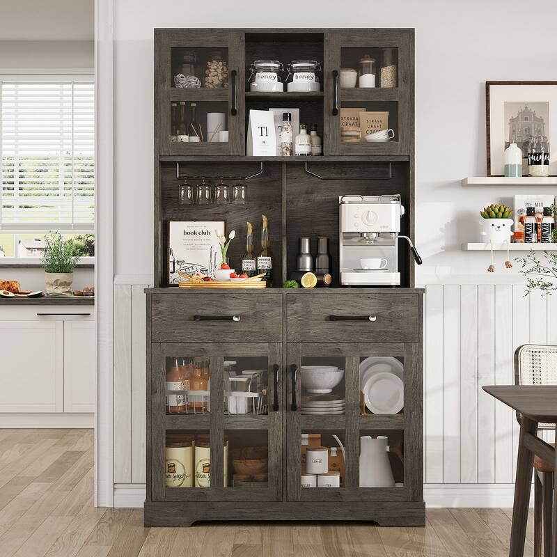 Modern Kitchen Pantry Cabinet with Power Outlet, Microwave Stand, Wine Glass Holder for Dining Room & Home Bar - Grey