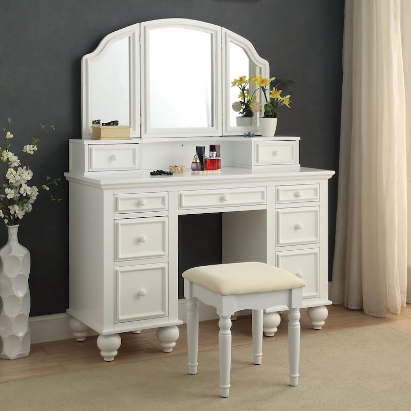Boke Transitional Solid Wood 3-Piece Makeup Vanity Set with 3-side Mirror by Furniture of America