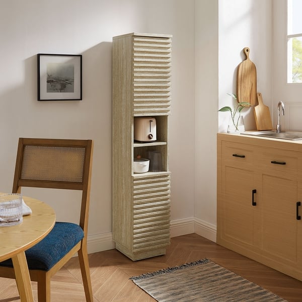 slide 2 of 10, Render Tall Narrow Faux Travertine Linen Storage Cabinet Travertine