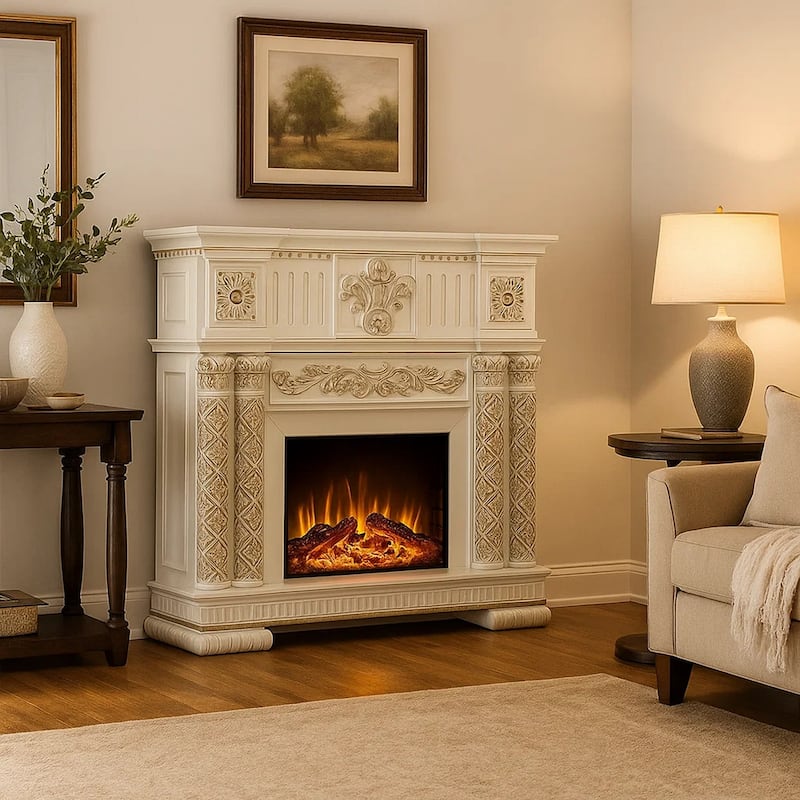 Jess 59 Inch Classical Electric Fireplace, Carved, Remote, Pearl White