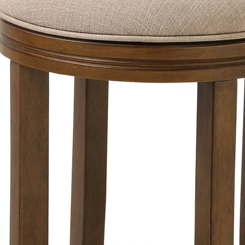 25-Inch Swivel Counter Height Bar Chair with Cream Linen Fabric and Brown Wood Frame Backless Seat - 26”H x 17”W x 17”D