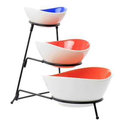 4 Piece Hand Painted Stoneware 3-Tier Serving Bowl Set with Metal Rack