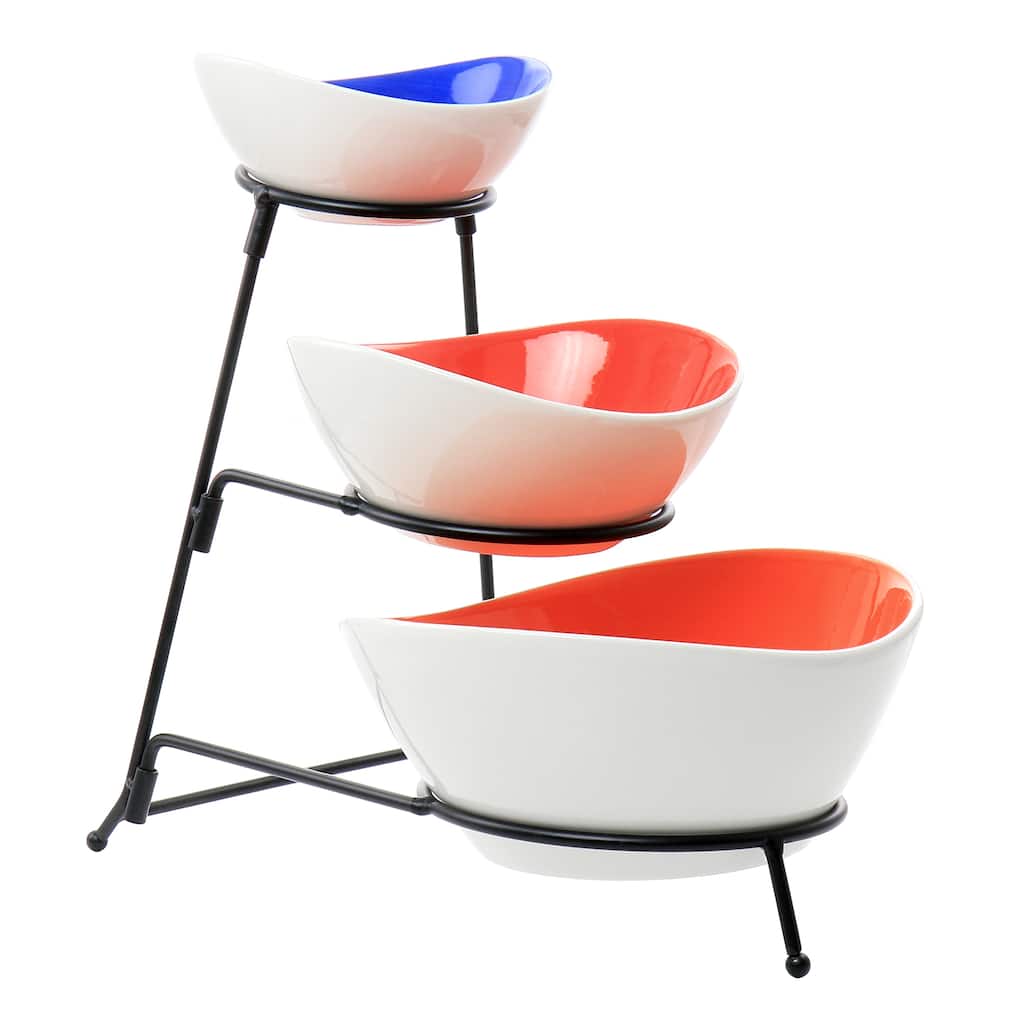 4 Piece Hand Painted Stoneware 3-Tier Serving Bowl Set with Metal Rack