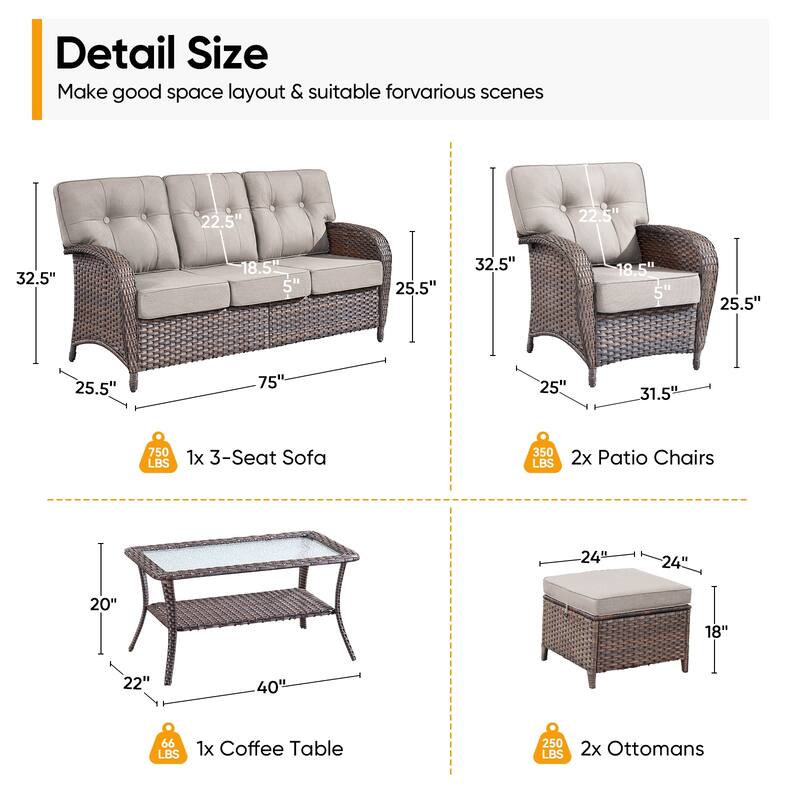 Pocassy 6 Piece Ooutdoor Sofa with Patio Chair Ottoman Table