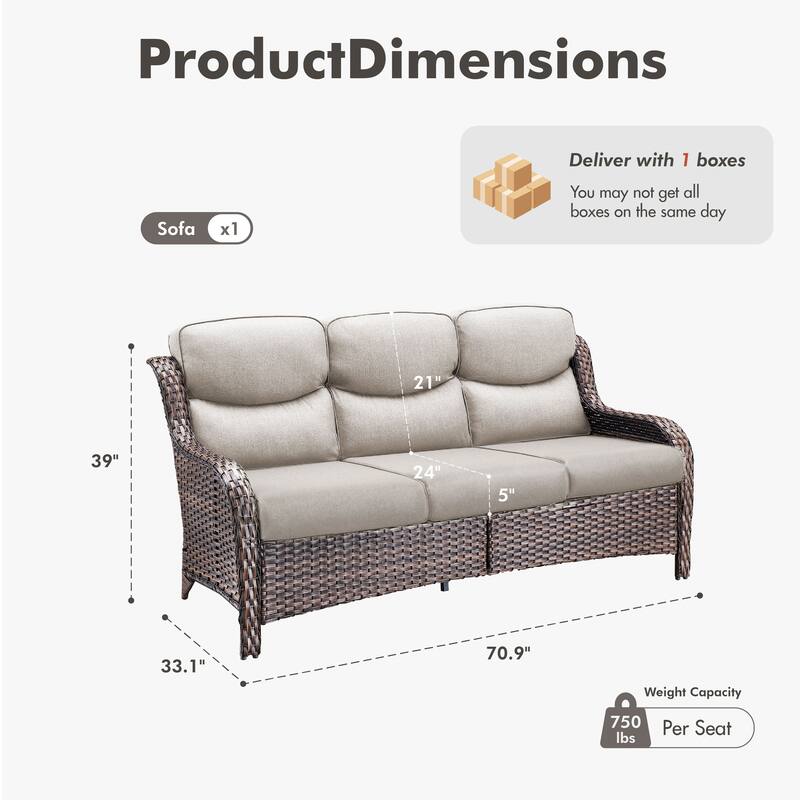 Meyreso Handwoven Wicker Outdoor Patio 3-Seat Sofa with 5-Inch Thick Cushions