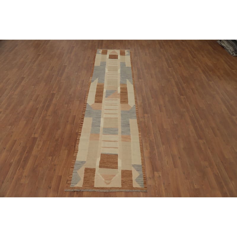 Hand Woven Oriental 100% Wool Carpet Southwestern Modern Multi-Colored Kilim Runner Rug - 11' 8'' X 2' 8''