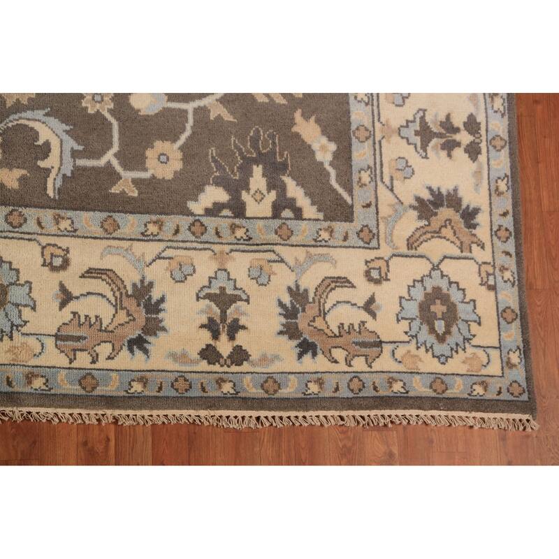 Brown Floral Oushak Indian Area Rug Hand-Knotted Wool Carpet - 9'0"x 11'10"