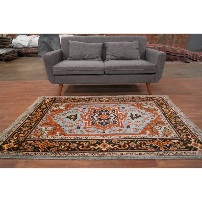 Hand Knotted Oriental 100% Wool Carpet Traditional Medallion Navy Blue & Blues Heriz (serapi) Area Rug - 5' 10'' X 4' 0''