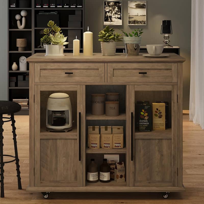 Kitchen Island, Rolling Kitchen Island Cart On Wheels With Widen Drop Leaf Top, 2 Glass Doors, Spice Rack & Towel Holder - Grey