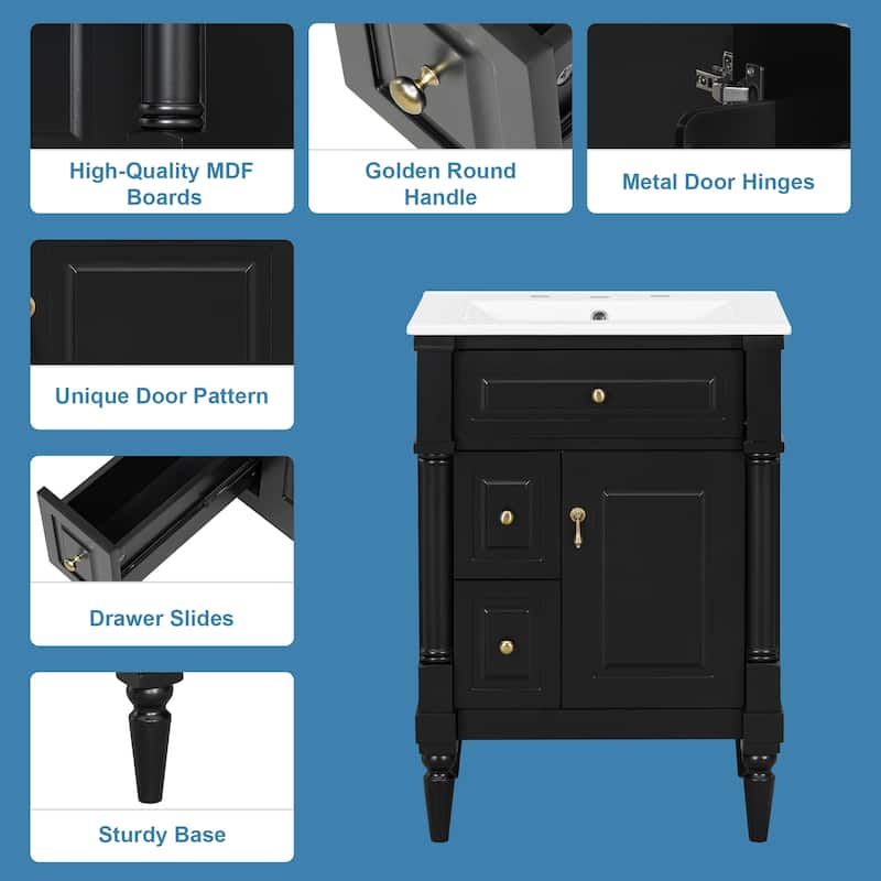 24" Freestanding Bathroom Vanity with Ceramic Sink, Solid Rubberwood Frame, Flip Drawer & Adjustable Shelf