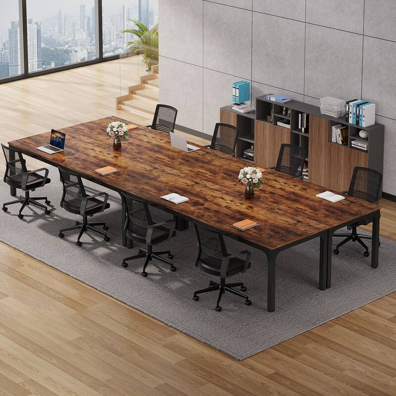 Long Conference Table Set of 4, 13FT Large Rectangle Meeting Seminar Table, 78.74-Inch Business Tables - BrownBlackx4
