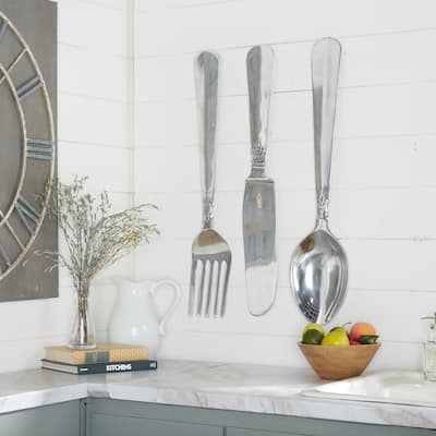 Aluminum Metal Large Knife, Spoon, and Fork Utensils Wall Decor (Set of 3) - Silver or Copper