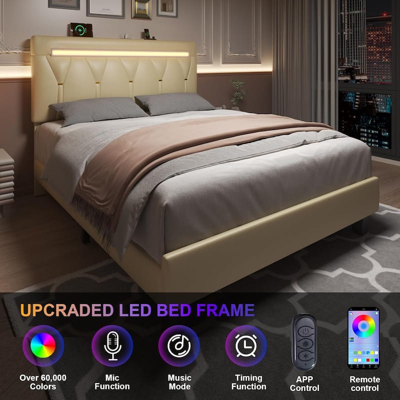 Platform Upholstered Bed Frame with LED Light and Charging Station Adjustable Headboard Wooden Slat Support No Box Spring Needed - Beige - King