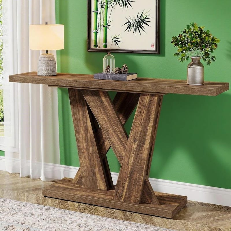 Brown MDF Farmhouse Console Table with Geometric Base for Entryway - 55.12” L x 11.61” W x 32.28” H
