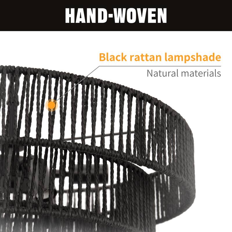 YANSUN Boho Chic 4-Tiered Chandelier 6-Light Pendants with 6 Black Metal Arms & Rattan Shades,19.69"Diameter,E12 Base