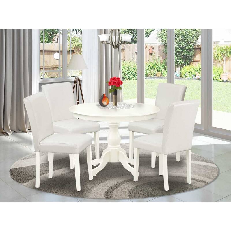 HomeStock 5-Pc Linen White Finish Solid Wood Top Dining table with 4 White Faux Leather Upholstered Parson Chairs