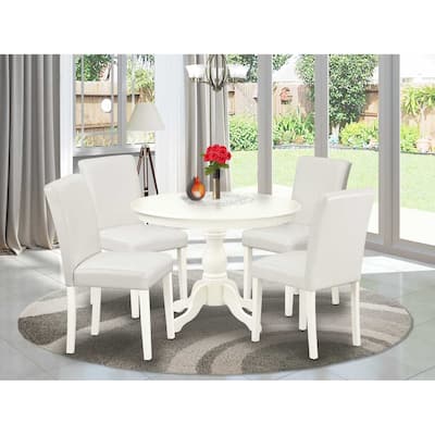 HomeStock 5-Pc Linen White Finish Solid Wood Top Dining table with 4 White Faux Leather Upholstered Parson Chairs