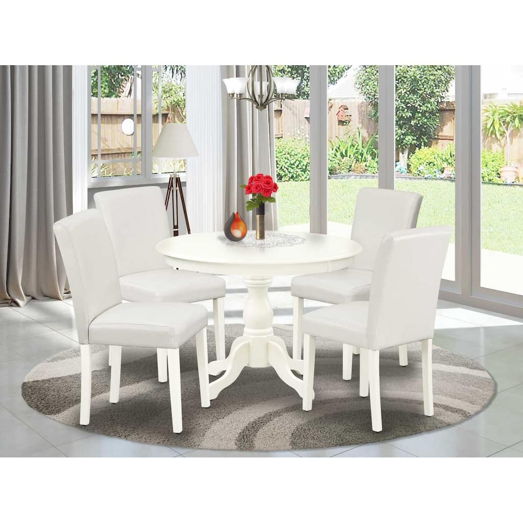 HomeStock 5-Pc Linen White Finish Solid Wood Top Dining table with 4 White Faux Leather Upholstered Parson Chairs