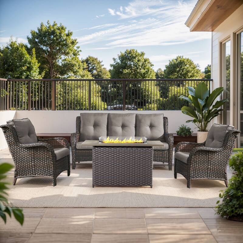 Fire Pit Table with Patio Sofa Club Chairs Brown-Grey - Brown - Brown - Grey