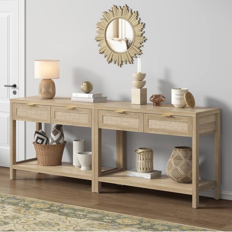 SICOTAS Rattan Console Table with 2 Drawers and Shelves - 30 x 39.4 x 13.8